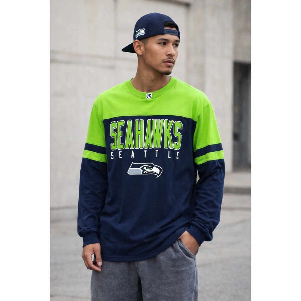Seattle Seahawks Mens XL Long Sleeve T-Shirt Navy Blue Action Green 100% Cotton